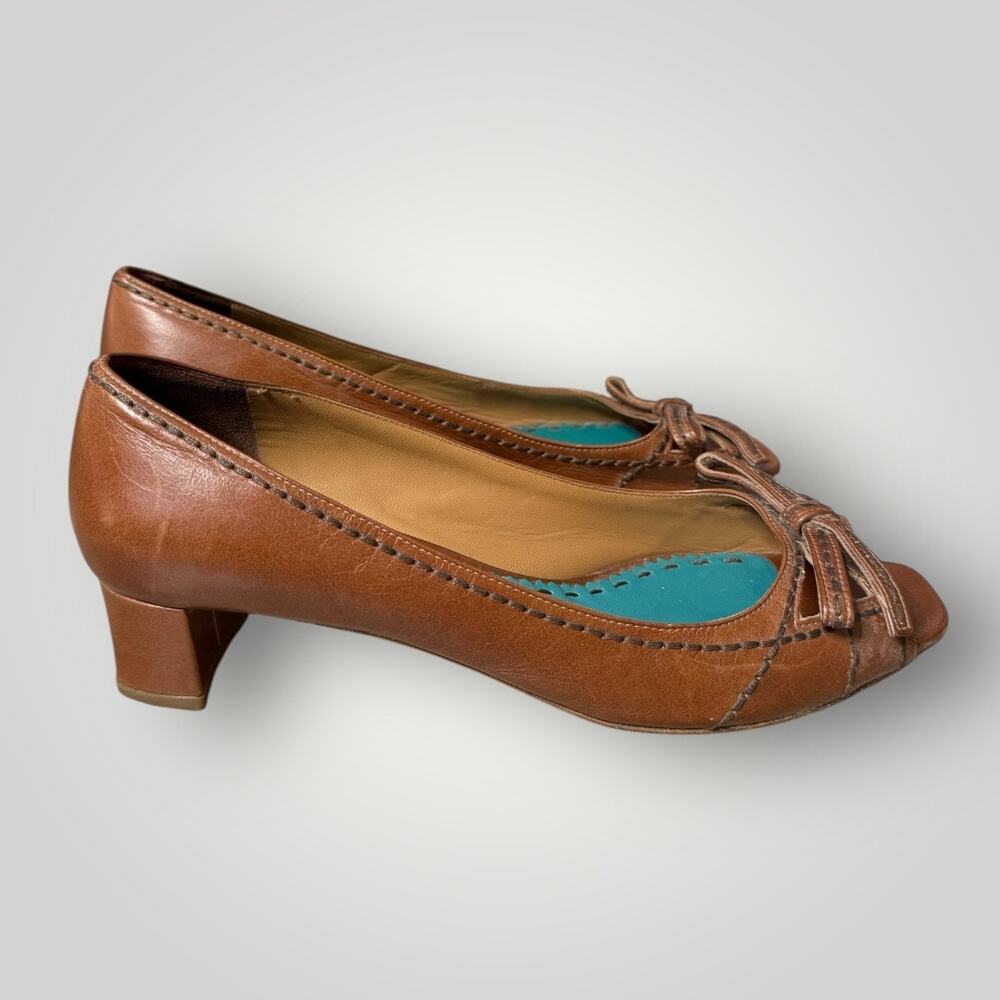 Prada Brown Leather Bow Peep Toe Pumps Heels Size 37.5 Made in Italy - Picture 4 of 14